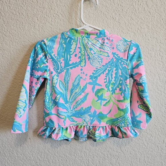 Lilly Pulitzer Retreat Aqua Bright Long Sleeve Rash Guard Ruffle Bottom Top 3T - Picture 5 of 7